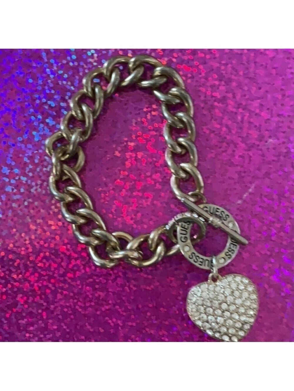 VINTAGE GUESS BRACELET CURB LINK RHINESTONE HEART